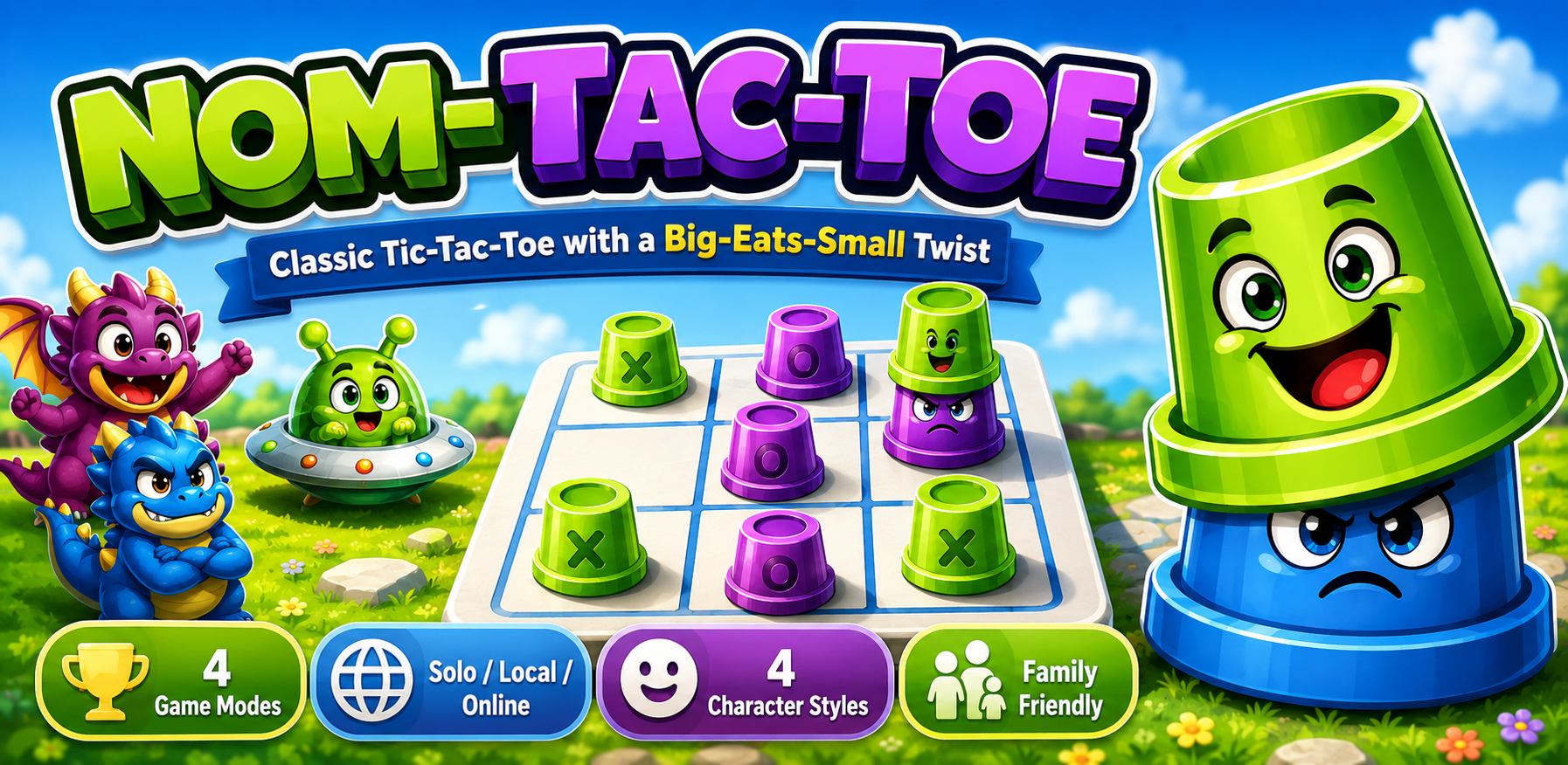 Nom Tac Toe — classic tic-tac-toe with a big-eats-small twist