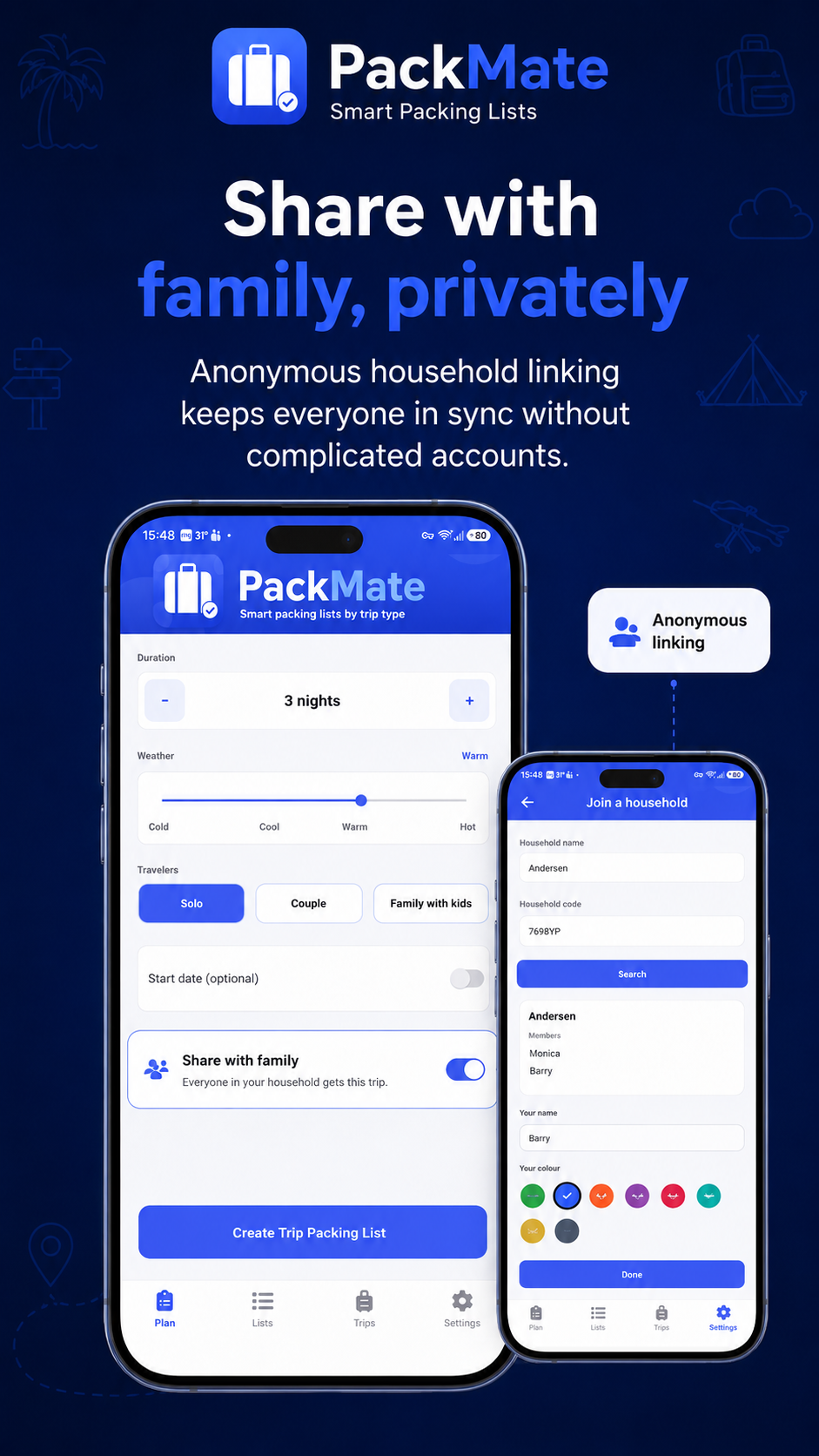 PackMate packing checklist organized by category