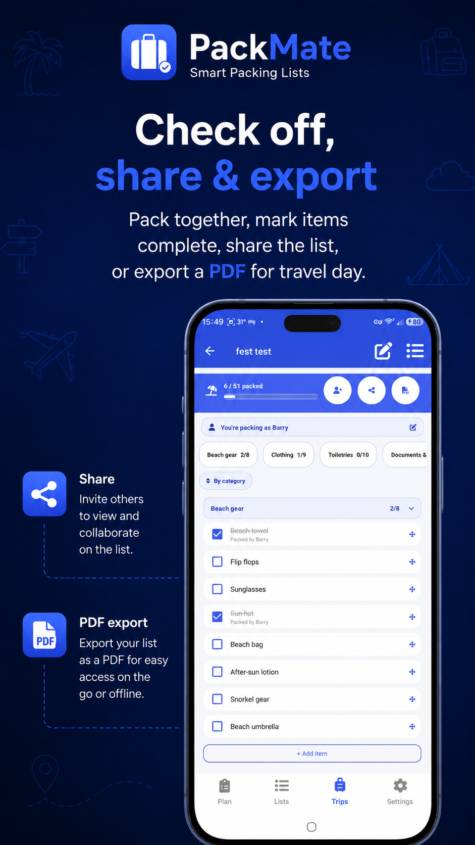 PackMate packing checklist by category